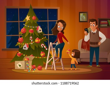 Happy family mom and two children dresses up Christmas tree. The boy unwinds the garland. Family in Christmas sweaters decorate the house for the holiday in a cozy winter evening. Vector illustration.