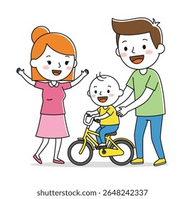 Happy family moment of learning to bike. Cute vector art for childhood and parenting.