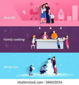 Happy family moments 3 flat banners set with cooking and making snowman together abstract isolated vector illustration