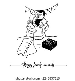 Happy family moments. Family birthday situation. Line vector illustration. Single Isolated on white background.