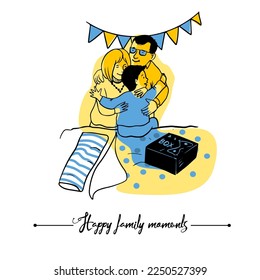 Happy family moments. Family birthday situation. Line vector illustration. Single Isolated on white background.