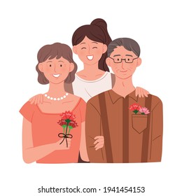 Happy Family Month, old parents and young daughters, and parents who received carnations.