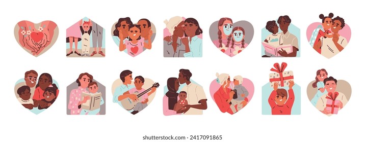 Happy Family Month. Set of adorable illustrations with loving parents and children spend time together. Smiling couples with babies. Cartoon flat vector collection isolated on white background.