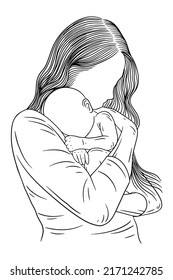 Happy family mother and baby born cute baby girl and child parent women power mama baby birth line art hand drawn style