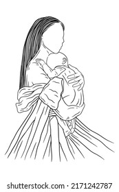 Happy family mother and baby born cute baby girl and child parent women power mama baby birth line art hand drawn style