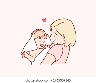 Happy family mother and baby in a white towel after bathing in the bath. Hand drawn style vector design illustrations.