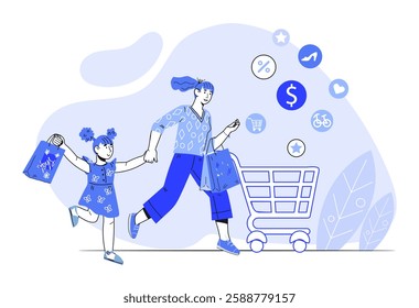 Happy family of mother and daughter at sales, flat graphic vector illustration isolated on white. Banner template  for sales and discounts advertisement.
