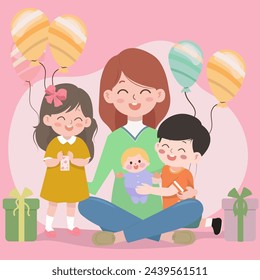 Happy family. Mother, daughter, sonand new born baby smiling. Banner, greetin card, postcard. Cartoon flat vector illustration style