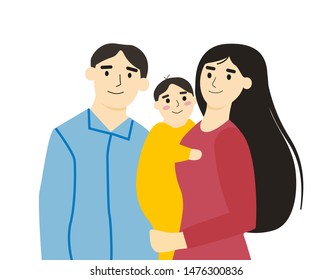 Happy family - mother, father and baby. Vector illustration isolated on white