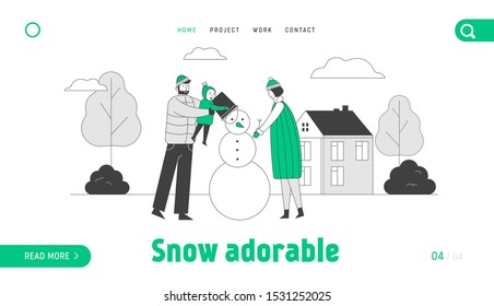 Happy Family of Mother Father and Baby Making Snowman Website Landing Page. Dad Holding Child who Putting Bucket on Snow Man Head, Mom Help Web Page Banner. Cartoon Flat Vector Illustration, Line Art