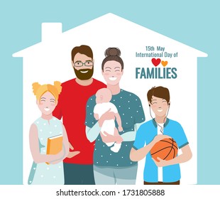 Happy family of mother, father, baby, daughter, son stay together at home. International Day of Families on 15 of May. Cute characters of smiling parents and siblings. Flat vector horizontal banner.