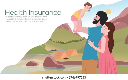 Happy family: Mother, father and baby on sunrise. Husband, wife with his son on nature. Templates for family planning, health insurance, nature and healthy life. Modern illustration.