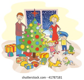 happy family mother, father, boy, girl, baby boy and dog dressing up the christmas tree