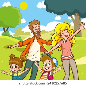 Happy family: mother, father, child son and daughter in nature