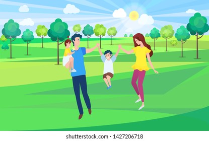 Happy family, mother, father and children walking together in green forest, springtime scenery landscape. Vector cartoon people, mom and dad, daughter and son