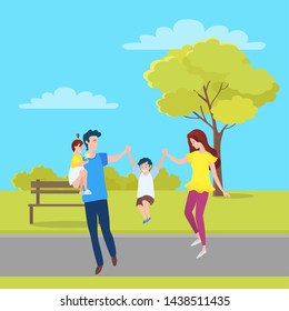 Happy family, mother, father and children walking together in green forest, springtime scenery landscape. Vector cartoon people, mom and dad, daughter and son