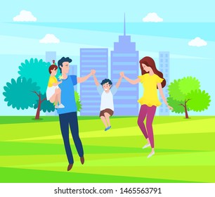 Happy family, mother, father and children walking together in green forest, springtime scenery landscape. Vector cartoon people, mom and dad, daughter and son. Flat cartoon
