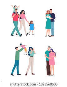 Happy family mother father and children walking isolated set. Vector flat graphic design illustration