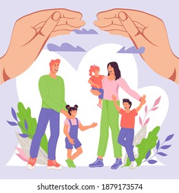 Happy family of mother, father and children cuddling together under huge protective hand palms, flat vector illustration. Family insurance, life safety and medical care guarantee concept.