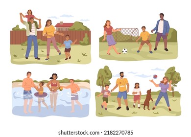 Happy Family Mother, Father And Children Spend Time Together On Summer Holidays. Vector Flat Cartoon Parents And Kids Play Football, Swim In River, Walk With Dog