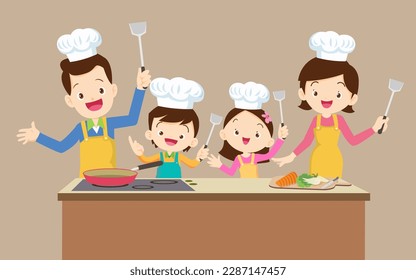 happy family with mother father and children girl cooking in kitchen 