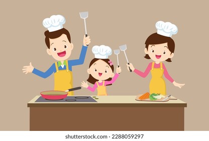 familia feliz con padre madre e hijos niño cocinando en la cocina