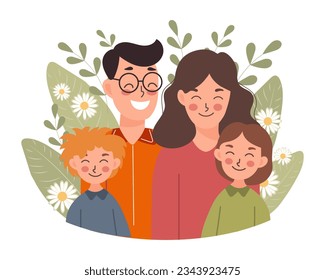 Happy family, mother and father with children, son and daughter. Family day, mother's day. Illustration, vector