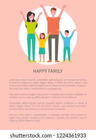 Happy family mother, father daughter and son greets everyone by hands up poster with text sample. Smiling parents and children together vector in circle