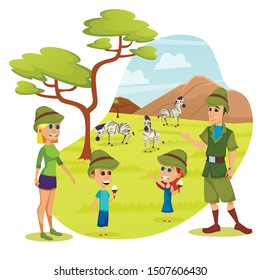 Happy Family of Mother, Father, Daughter, Son in Safari Uniform in Outdoor Zoo with Zebras Walking on Nature Landscape, Parents and Children Weekend, Holidays Leisure Cartoon Flat Vector Illustration