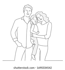 Happy family, mother, father, daughter. Line drawing vector illustration.