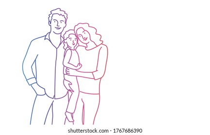 Happy family, mother, father, daughter. Rainbow colours in linear vector illustration.