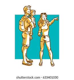 Happy family - mother, father, daughter walking. Beautiful woman pointing finger at something interesting. Cartoon vector illustration.