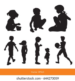 Happy family - mother, father, daughter standing. Beautiful woman pointing finger at something interesting. Vector illustration, black and white  silhouettes on orange background. 