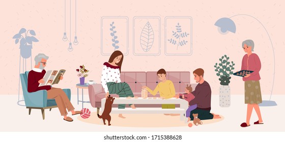 Happy family mother father grandparents sitting at table and playing  board games or tabletop games. Stay at home during quarantine. Home leisure activity. Family fun. Cartoon flat vector illustration