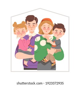 Happy Family with Mother and Father Holding Little Son and Daughter with Arms Vector Illustration