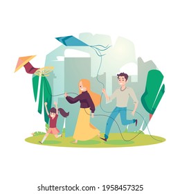 Happy family mother, father and kid girl having fun with flying kite. Outdoor activities in city park for parents with child at leisure during summer holidays. Vector illustration.