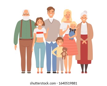 Happy family. Mother father kids and grandparents standing together vector big family portrait