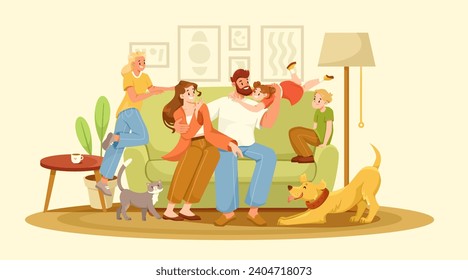 Happy Family with Mother, Father and Kids Sitting on Sofa in Room Vector Illustration