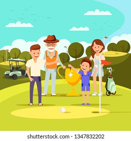 Happy Family of Mother, Father, Little Son and Grandfather Won Golden Goblet durig Golf Tournament. Happy People Stand at Green Field with Holes and Flag. Competition Cartoon Flat Vector Illustration.
