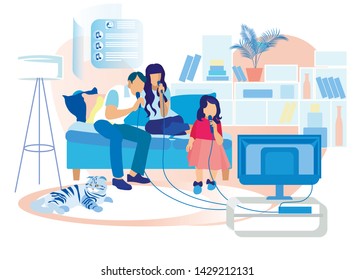 Happy Family of Mother, Father and Little Daughter Sitting on Sofa in Living Room with Microphones in Hand Singing Karaoke on TV, Leisure, Fun, Sweet Life Moments. Cartoon Flat Vector Illustration