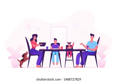 Happy Family of Mother Father and Little Kids Having Dinner Around Table with Food. People Eating Meal and Talking Together, Cheerful Characters Group During Lunch. Cartoon Flat Vector Illustration