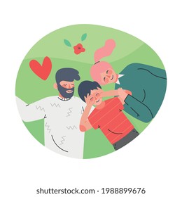 Happy Family with Mother, Father and Little Son Lying on Green Lawn in Circle Frame Above View Vector Illustration