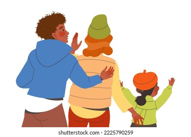 Happy Family with Mother, Father and Little Daughter Standing and Waving Hand Back View Vector Illustration