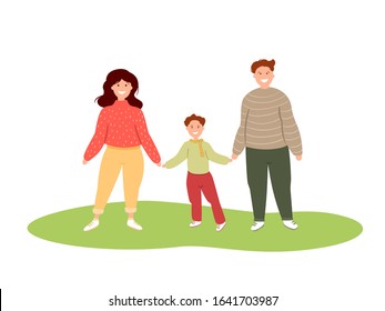 Happy family mother, father and son holding hands. Colorful vector illustration isolated on white background with grass. Abstract hand drawn characters design.