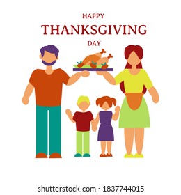 Happy family: mother, father, son and daughter. Thanksgiving dinner whith turkey/ Thanksgiving day post card