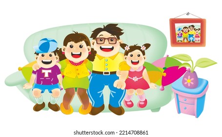 Happy Family, Mother And Father, Son And Daughter. A Group Of Family Sitting On A Sofa, Framed Family Picture Frame Near. Warm Family. Home Sweet Home. Isolated Vector Illustration.