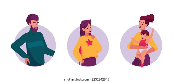 Happy Family Mother, Father, Son, Daughter and Little Baby Isolated Round Icons or Avatars. Cheerful Personages Children and Parents Characters, Mom, Dad and Kids. Cartoon Vector Illustration