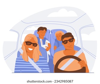 Happy family, mother, father, son and daughter sitting inside car driving through a road. Family car trip vector illustration.