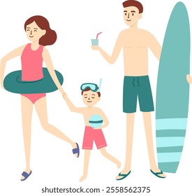 Happy family, mother, father and son, are walking on the beach, ready to swim, holding an inflatable ring, a beach ball and a surfboard, enjoying summer holidays