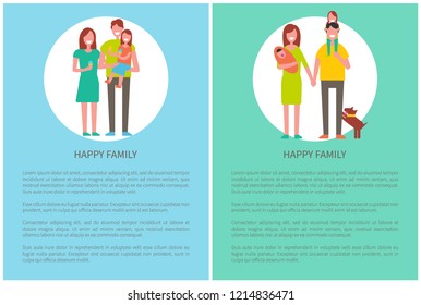 Happy family mother, father, toddler and newborn daughters posters with text. Dad, mom and little girls on arms, pet dog. Spending time together concept